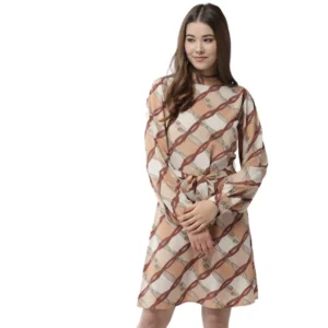 Polyester Checkered Long Sleeves Above Knee Dress (Off White - Brown)