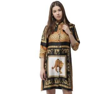 Satin Animal Print 3-4th Sleeves Above Knee Dress (White - Orange)