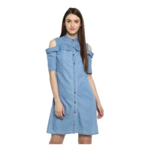 Denim Solid Cold Shoulder Above Knee Dress (Blue)