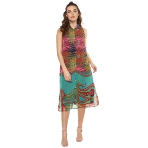 Polyester Floral Sleeveless Below Knee Dress (Multicolor)