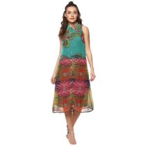 Polyester Floral Sleeveless Below Knee Dress (Multicolor)