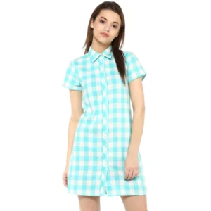 Rayon Checkered Short Sleeve Above Knee Dress (SkuBlue - White)