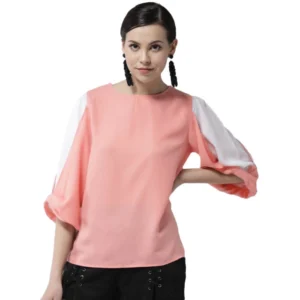 Polyester Colour Block Slit Sleeve Top (Pink)