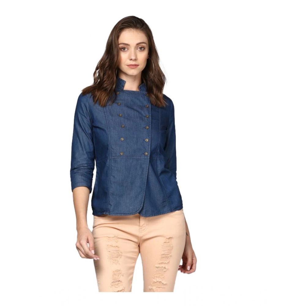 Denim Solid 3-4th Sleeves Top (Blue)