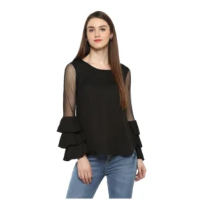 Polyester Solid Tier Sleeve Top (Black)