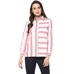 Cotton Striped Roll Up Sleeve Regular Top (Red)