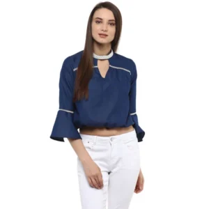 Polyester Solid Bell Sleeve Regular Top (Blue)