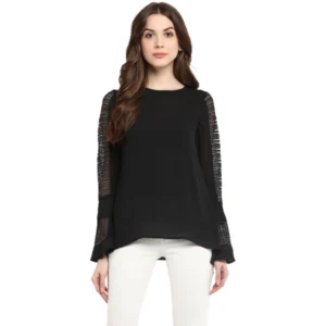 Polyester Georgette Self Design Bell Sleeve Regular Top (Black)
