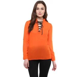 Polyester Solid Long Sleeves Regular Top (Orange)