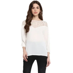 Polyester Georgette Self Design 3-4th Sleeves Regular Top (White)