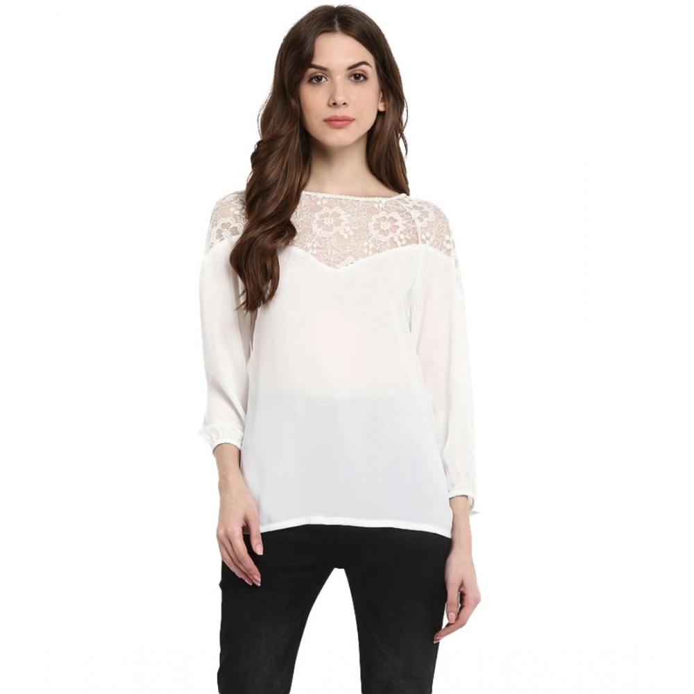 Polyester Georgette Self Design 3-4th Sleeves Regular Top (White)