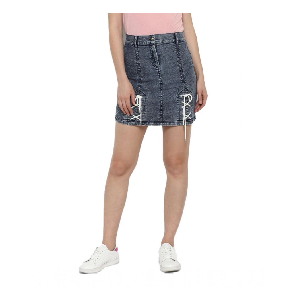 Denim Tie Up Buttoned Skirt (Blue)