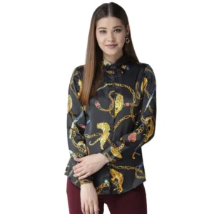 Satin Printed Long Sleeves Standard Length Shirt (Black - Gold)