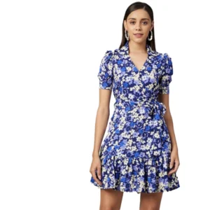 Polyester Floral Short Sleeve Above Knee Dress (Blue - Purple)