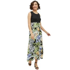 Rayon Floral Sleeveless Calf-length Dress (Multicolor)