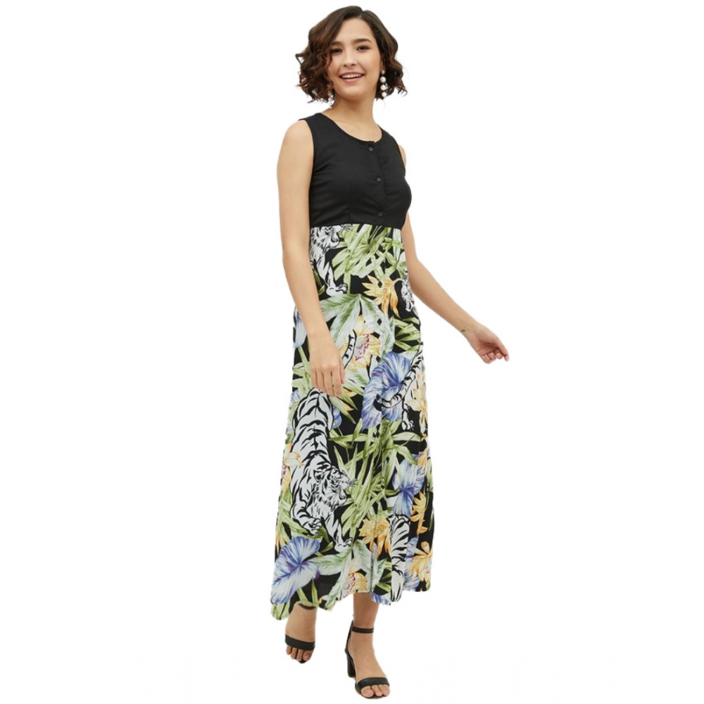 Rayon Floral Sleeveless Calf-length Dress (Multicolor)