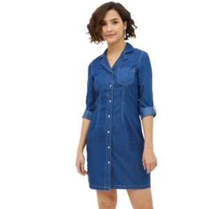 Denim Solid Long Sleeves Above Knee Dress (Blue)