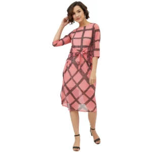 Polyester Checkered 3-4th Sleeves Below Knee Dress (Pink)