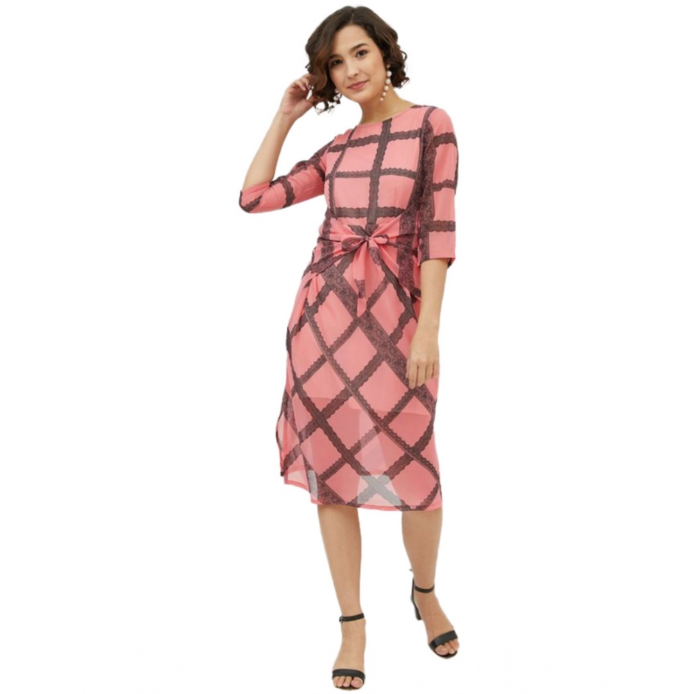 Polyester Checkered 3-4th Sleeves Below Knee Dress (Pink)