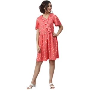 Polyester Polka Flutter Above Knee Dress (Coral)