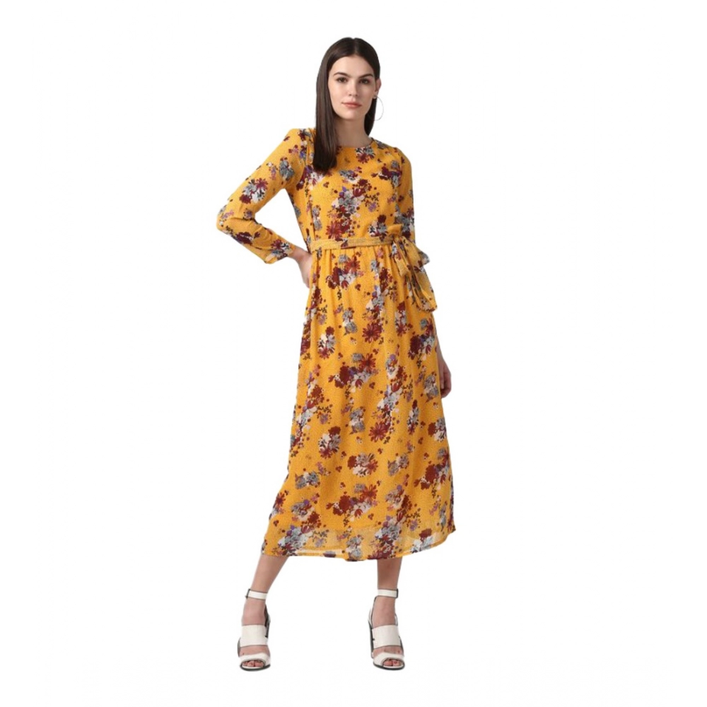 Polyester Floral Long Sleeves Calf-length Dress (Yellow)
