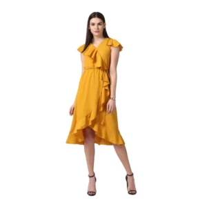 Polyester Ruffled Cap Sleeve Knee-Length Dress (Yellow)