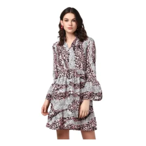 Polyester Animal Print Bell Sleeve Above Knee Dress (Pink - Black)