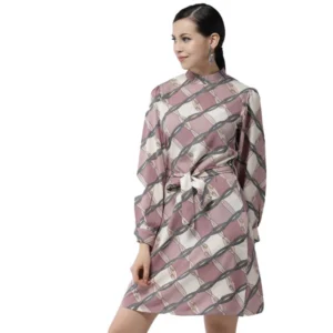 Polyester Checkered Long Sleeves Above Knee Dress (Off White - Lavender)
