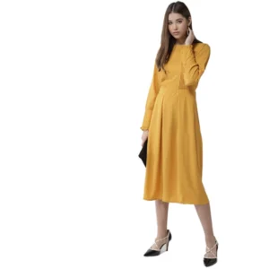 Polyester Pintuck Long Sleeves Below Knee Dress (Yellow)