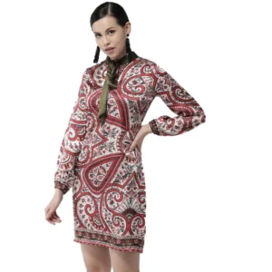 Polyester Printed Long Sleeves Above Knee Dress (Red)