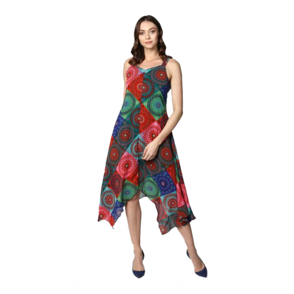 Polyester Asymmetrical Shoulder Straps Knee-Length Dress (Multicolor)