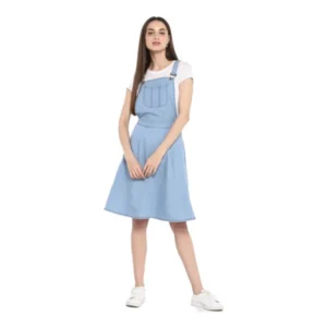 Denim Solid Sleeveless Above Knee Dress (Blue)