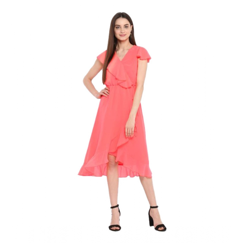 Polyester Ruffled Cap Sleeve Below Knee Dress (Coral Pink)