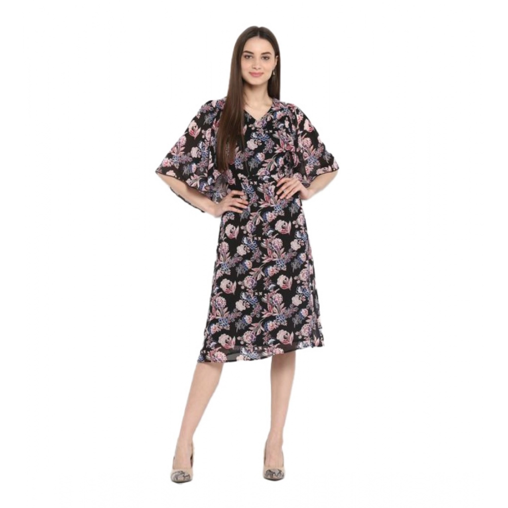 Polyester Floral Short Sleeve Knee-Length Dress (Black - Multicolor)