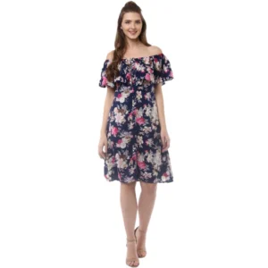 Polyester Crepe Floral Half Sleeve Above Knee Dress (Navy Blue)