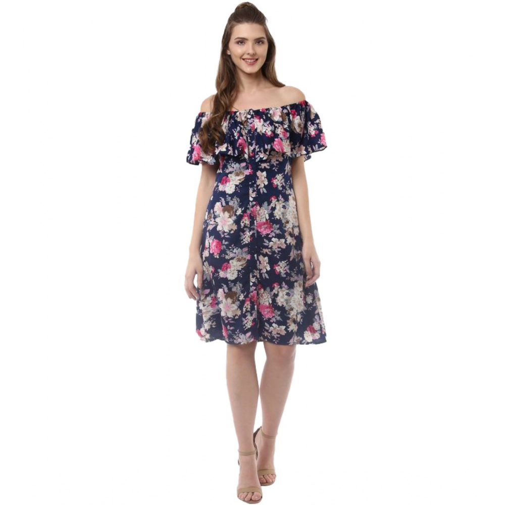 Polyester Crepe Floral Half Sleeve Above Knee Dress (Navy Blue)