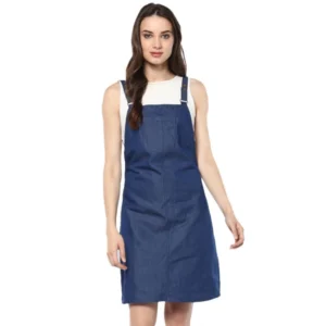 Denim Solid Shoulder Straps Above Knee Dress (Blue)