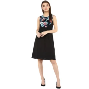 Polyester Printed Sleeveless Above Knee Dress (Black - Multicolor)