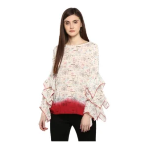 Rayon Crepe Printed Ruffle Sleeve Top (Off White - Red)