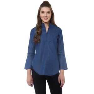 Denim Solid Bell Sleeve Regular Top (Blue Denim)