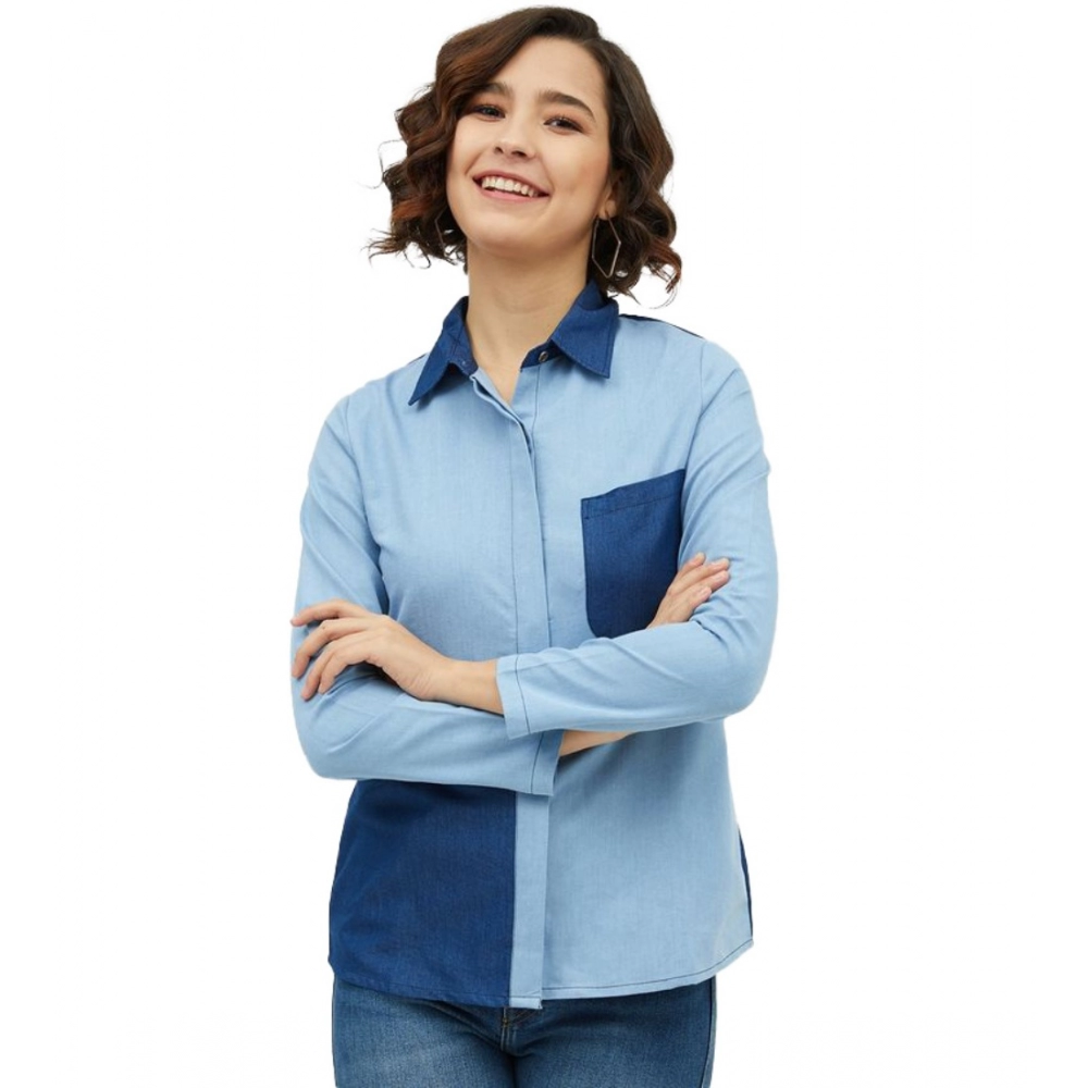 Denim Patch Work Long Sleeves Standard Length Shirt (Blue)