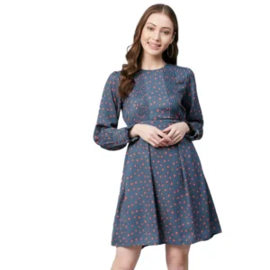 Polyester Polka Long Sleeves Above Knee Dress (Grey - Coral)