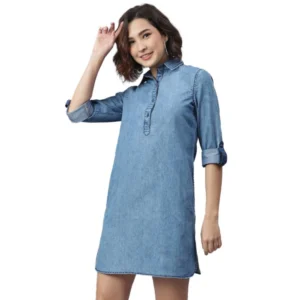 Denim Solid Long Sleeves Above Knee Dress (Ice Blue)