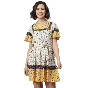 Polyester Floral Flutter Above Knee Dress (Multicolor)