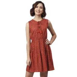 Rayon Polka Sleeveless Above Knee Dress (Rust)