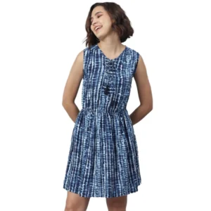 Rayon Tie & Dye Sleeveless Above Knee Dress (Blue)