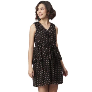 Polyester Peplum Sleeveless Above Knee Dress (Black)