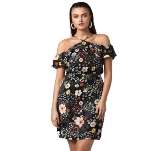 Polyester Floral Cold Shoulder Above Knee Dress (Black)