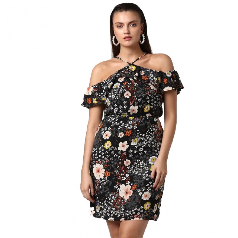 Polyester Floral Cold Shoulder Above Knee Dress (Black)