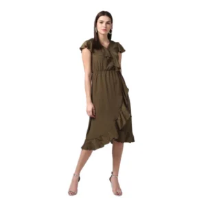 Polyester Ruffled Cap Sleeve Knee-Length Dress (Olive)